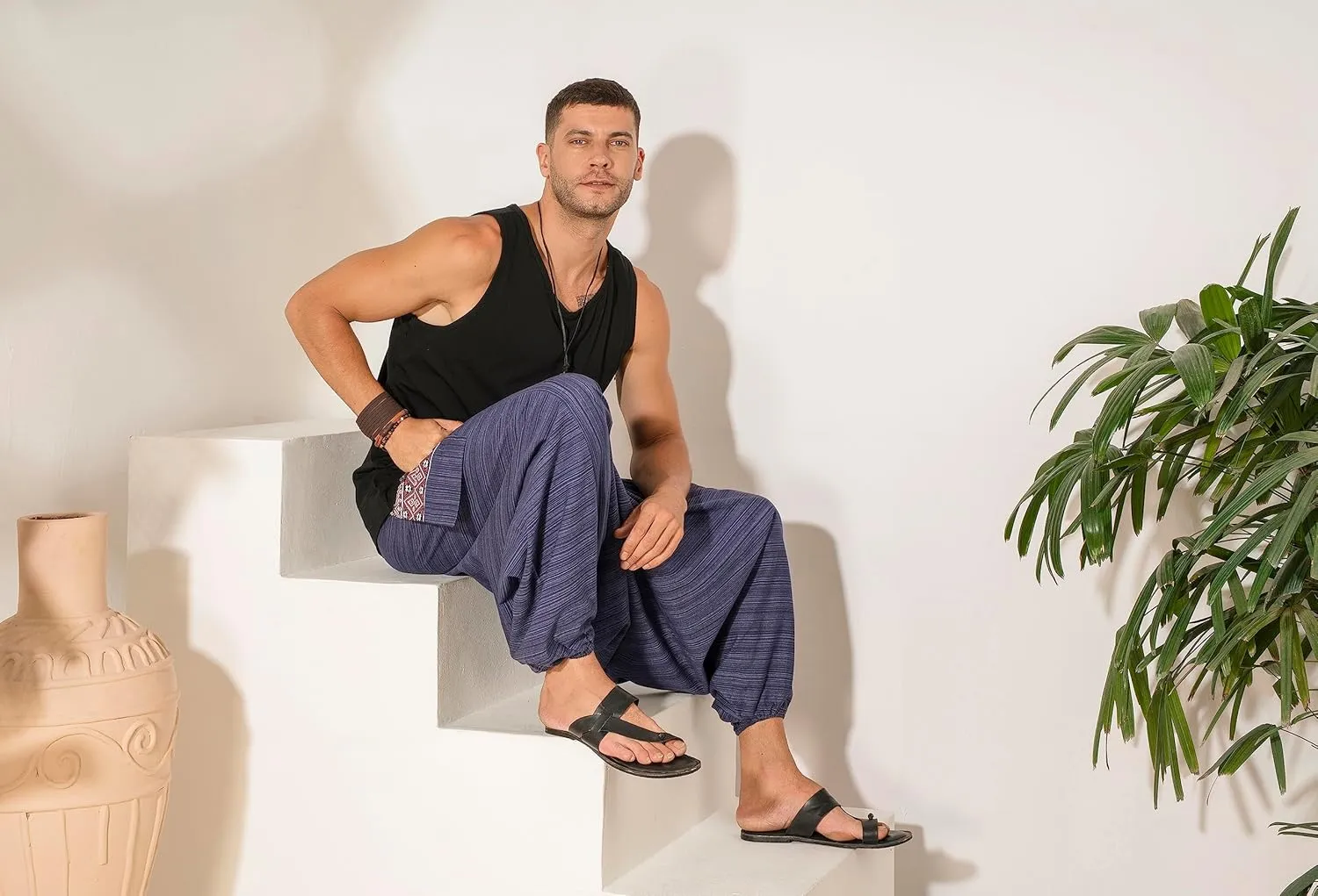 The Veshti Company Soft Boho Harem Pants Pajama for Men, 100% Cotton High Waisted Harem Yoga Bottoms for Him