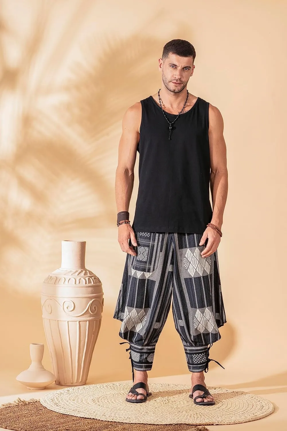 The Veshti Company Soft Boho Harem Pants Pajama for Men, 100% Cotton High Waisted Harem Yoga Bottoms for Him