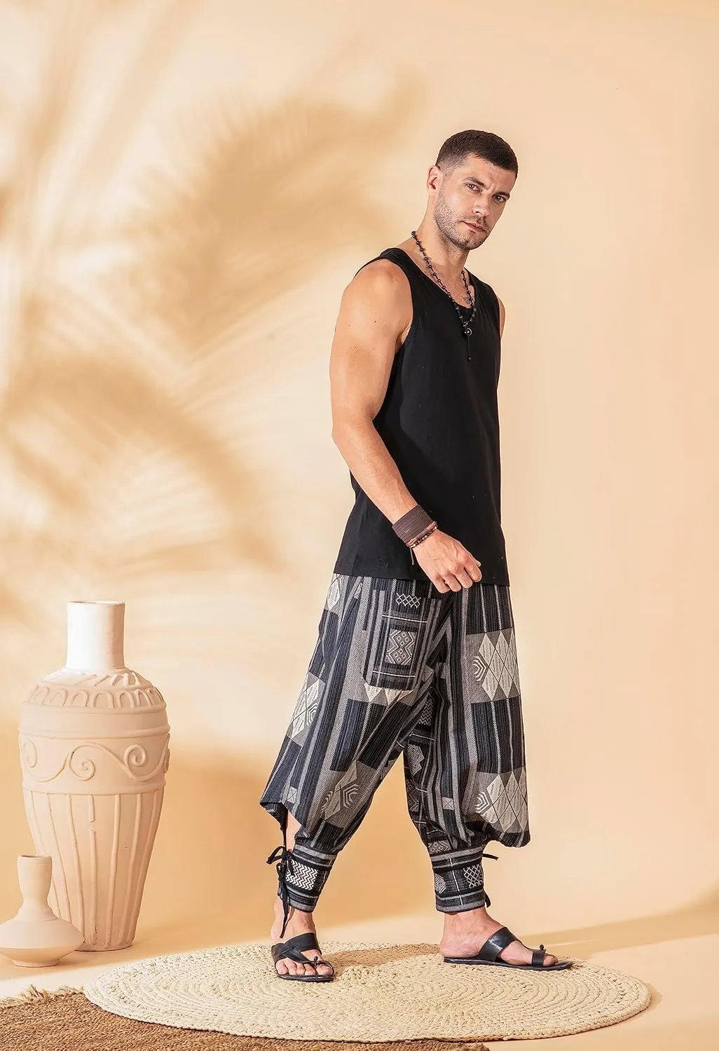 The Veshti Company Soft Boho Harem Pants Pajama for Men, 100% Cotton High Waisted Harem Yoga Bottoms for Him