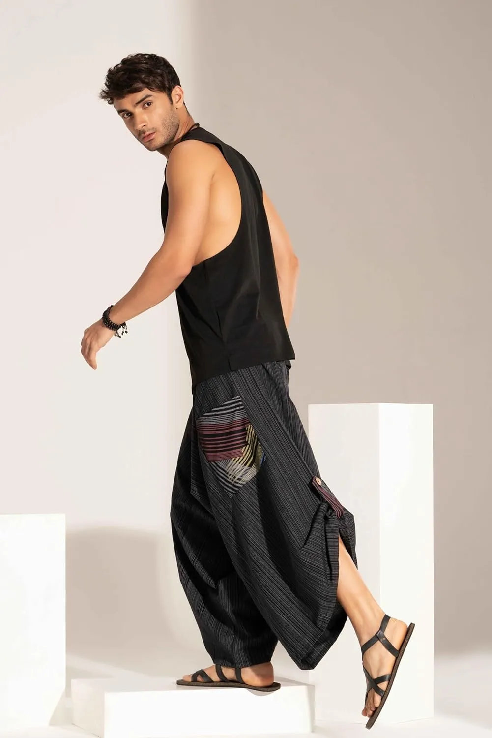 The Veshti Company Soft Boho Harem Pants Pajama for Men, 100% Cotton High Waisted Harem Yoga Bottoms for Him