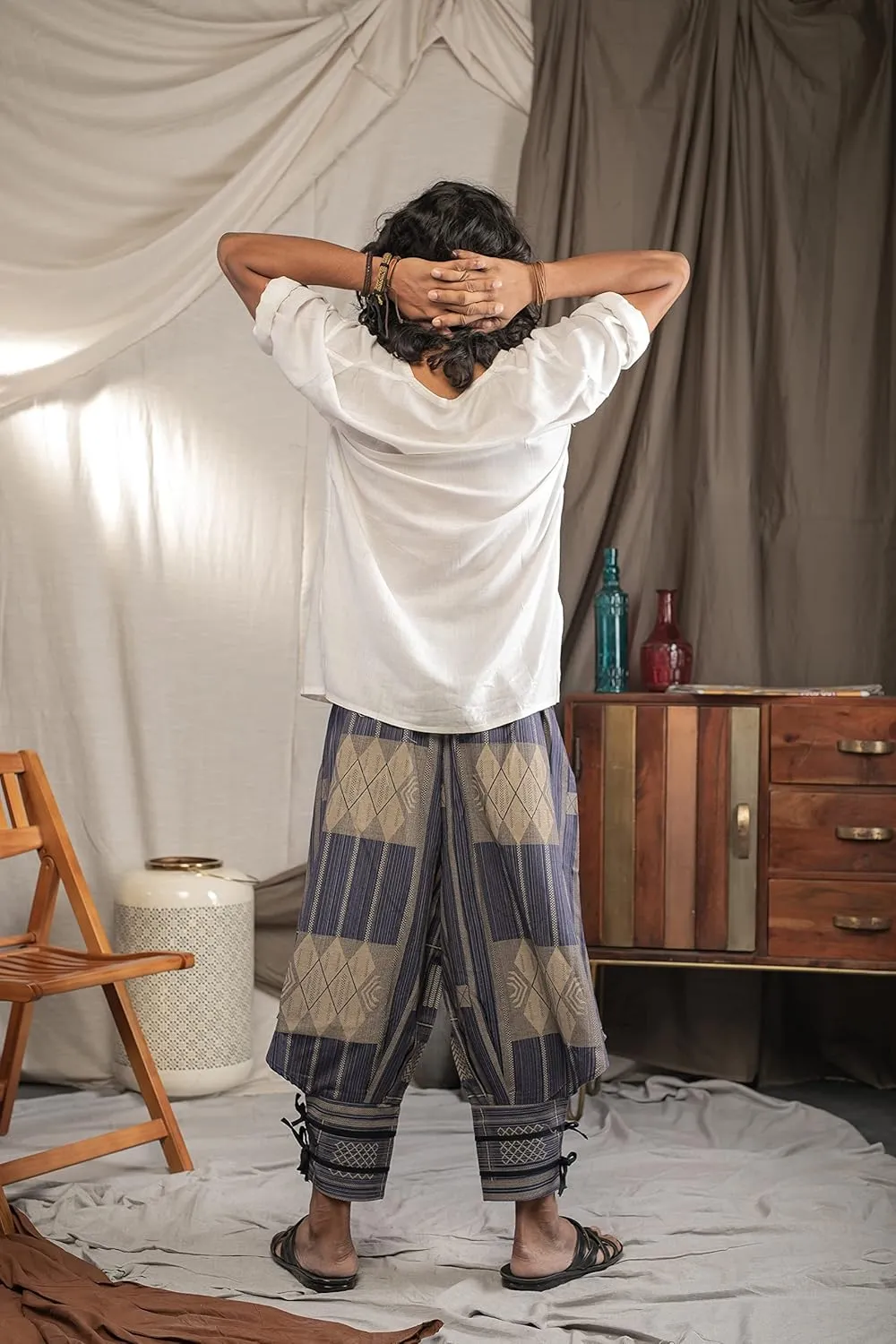 The Veshti Company Soft Boho Harem Pants Pajama for Men, 100% Cotton High Waisted Harem Yoga Bottoms for Him