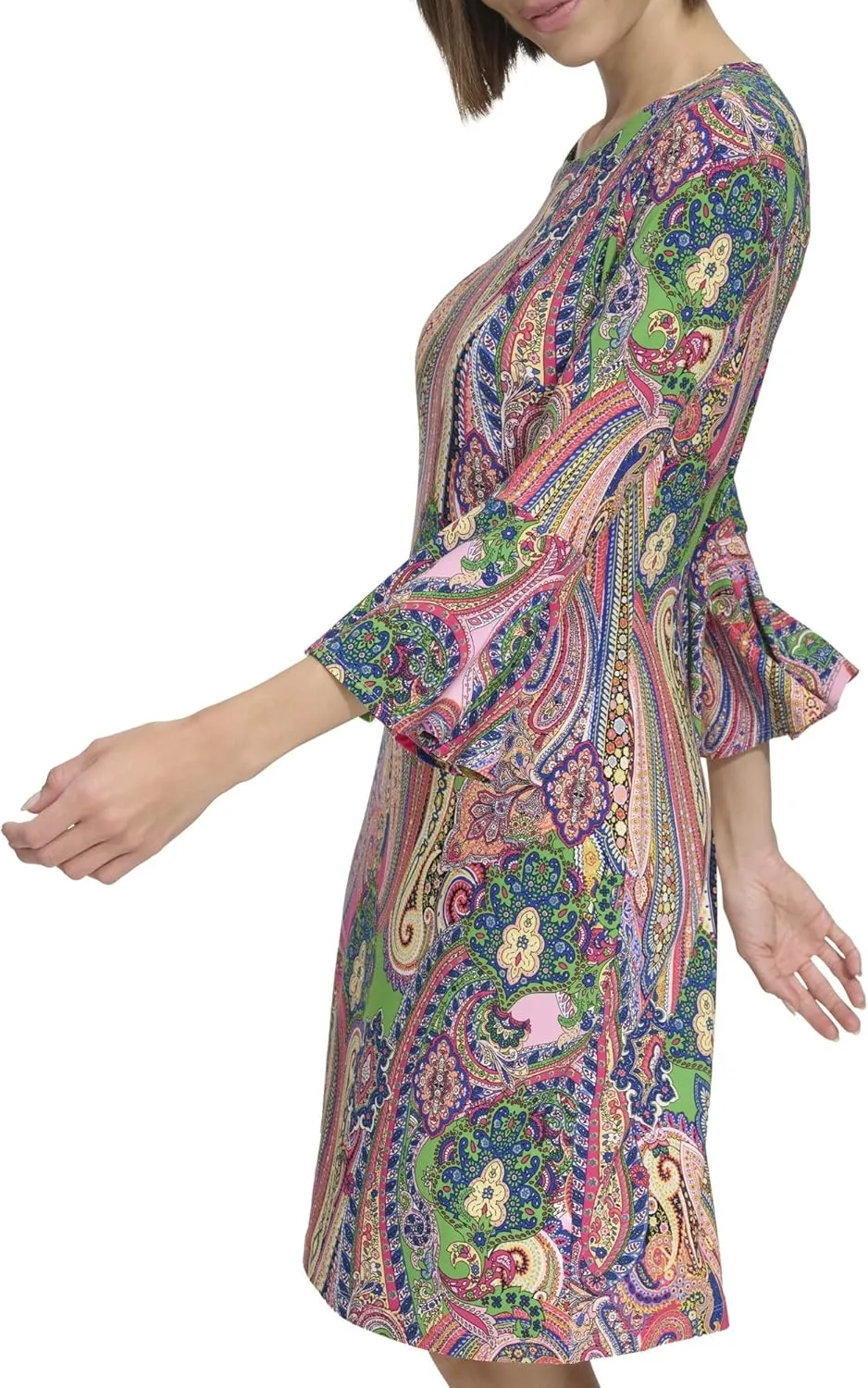 Tommy Hilfiger Women's Round Neck Printed Bell Sleeve Dress