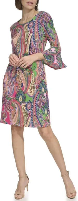 Tommy Hilfiger Women's Round Neck Printed Bell Sleeve Dress