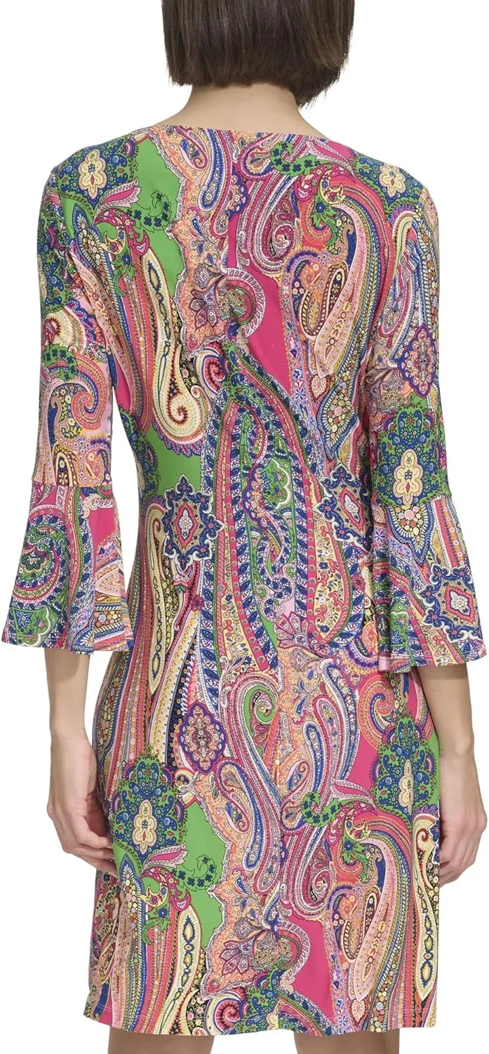 Tommy Hilfiger Women's Round Neck Printed Bell Sleeve Dress
