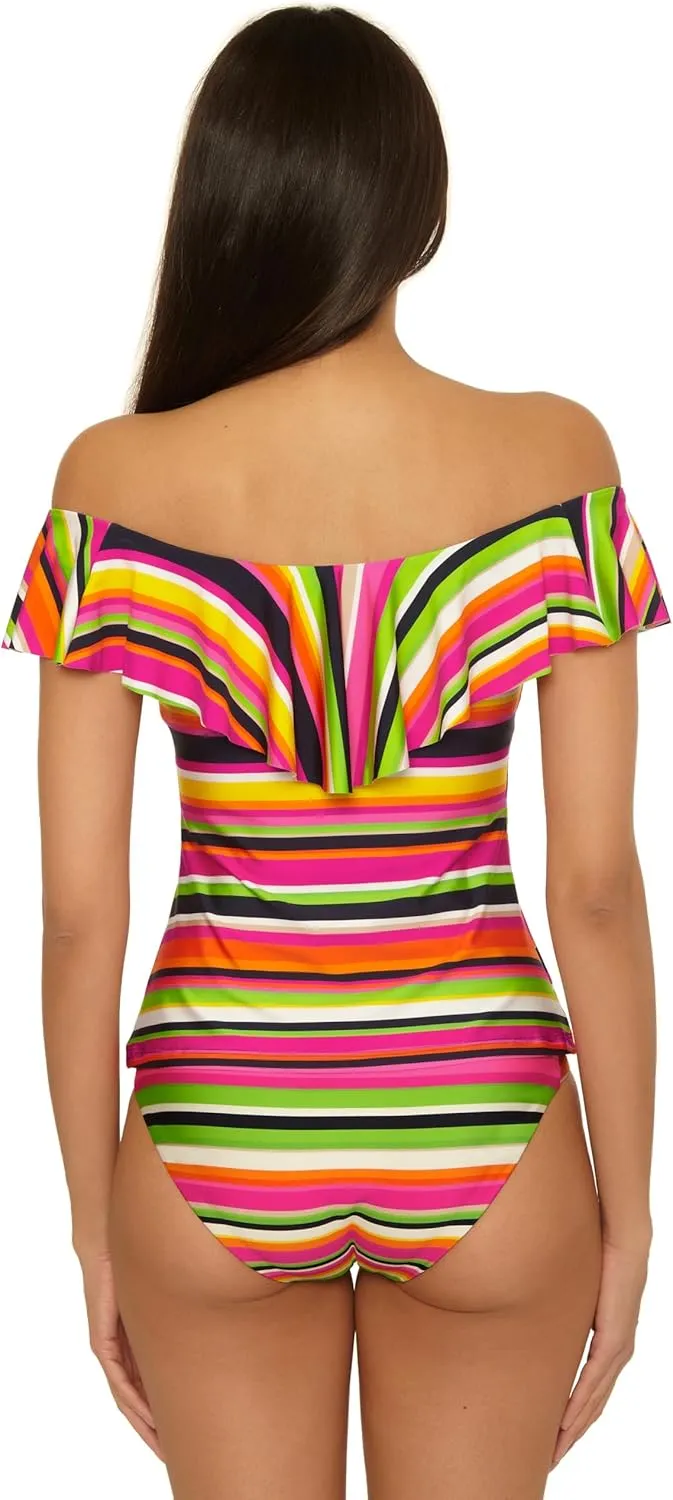 Trina Turk Women's Monaco Ruffle Tankini, Off Shoulder, Swimsuit Tops