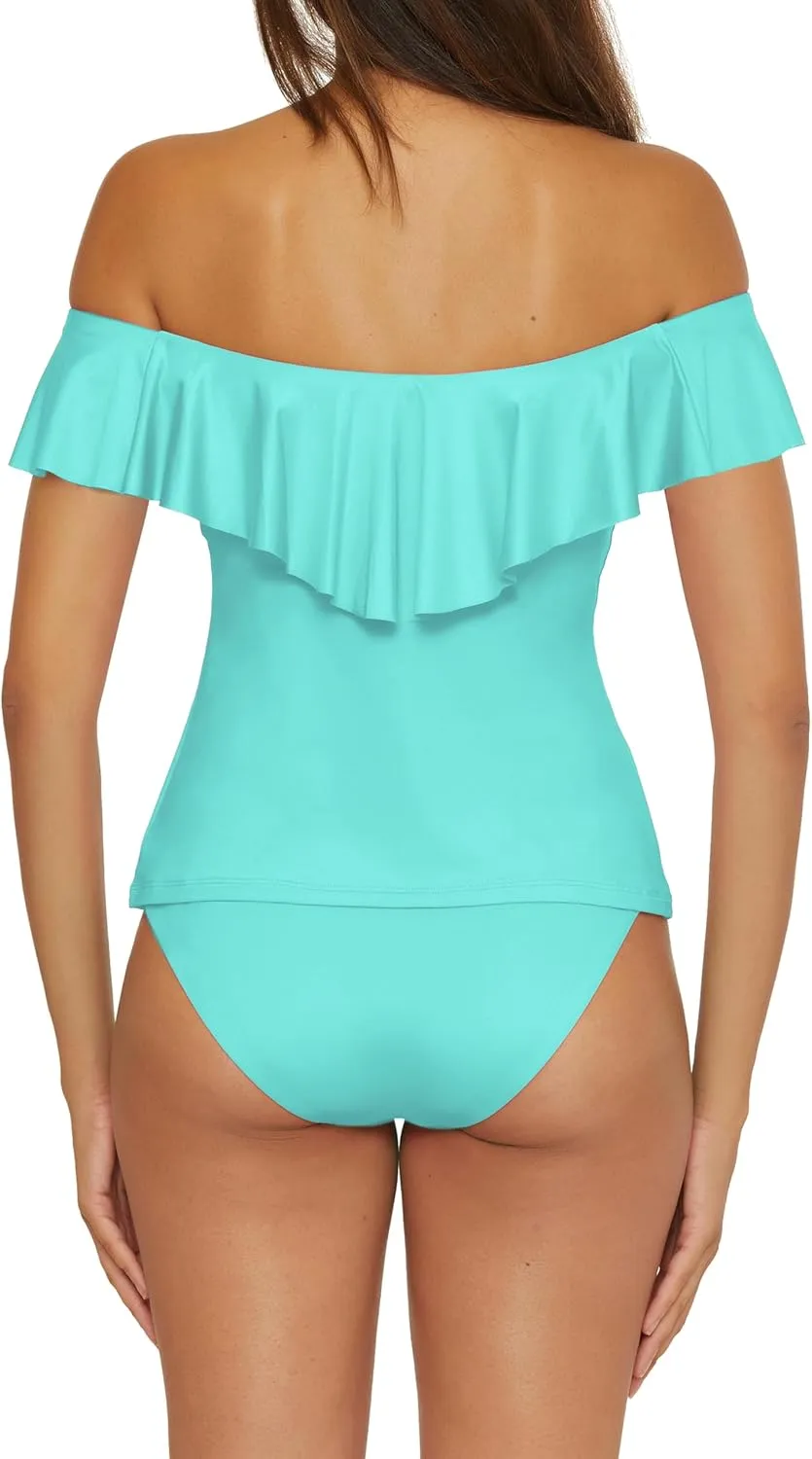 Trina Turk Women's Monaco Ruffle Tankini, Off Shoulder, Swimsuit Tops