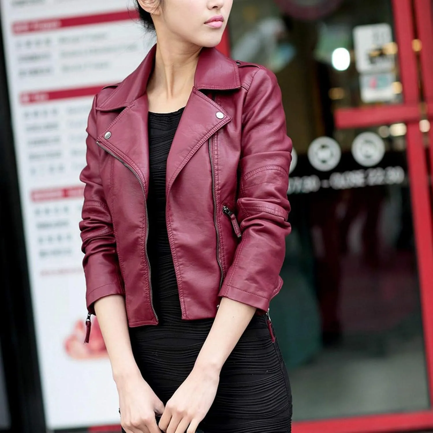 tuduoms Winter Jackets for Teen Girls Fashion Pu Leather Motorcycle Jacket Lapel Zipper Slim Bomber Coat Winter Warm Outwear