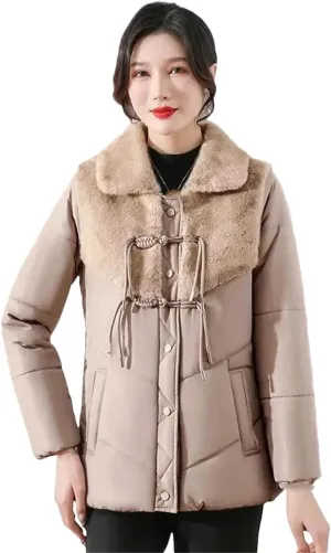 UIOKLMJH Winter Thicken Fleece Coat Mother Short Cotton-Padded Jacket Middle-Aged Stitching Stylish Overcoat
