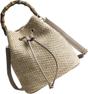 VALICLUD Women's Bucket Drawstring Bag Straw Shoulder Tote Fashionable Crossbody Bag Compact Stylish