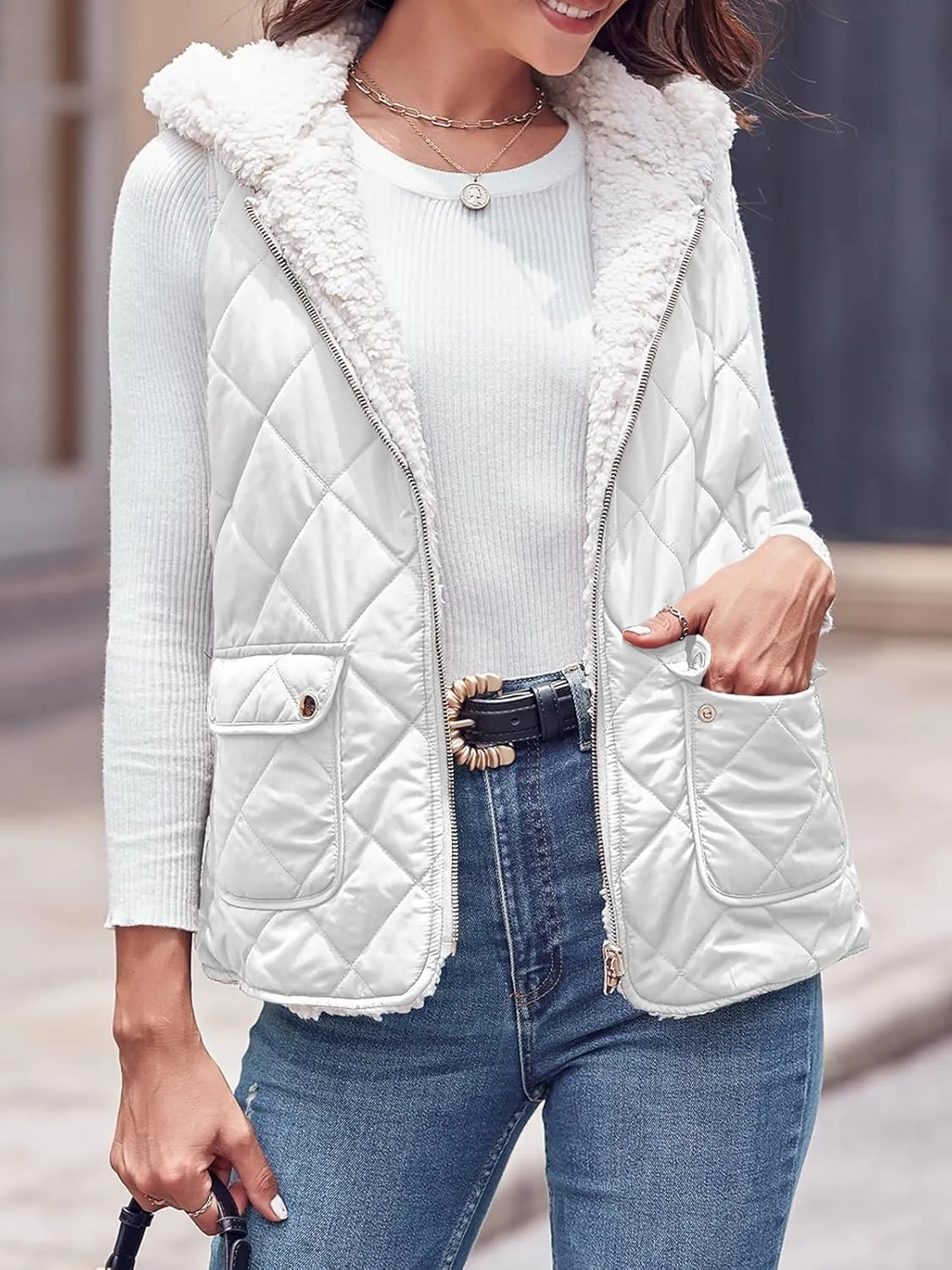 Valphsio Women's Reversible Sherpa Vest Quilted Zip Fleece Padded Gilet with Pockets