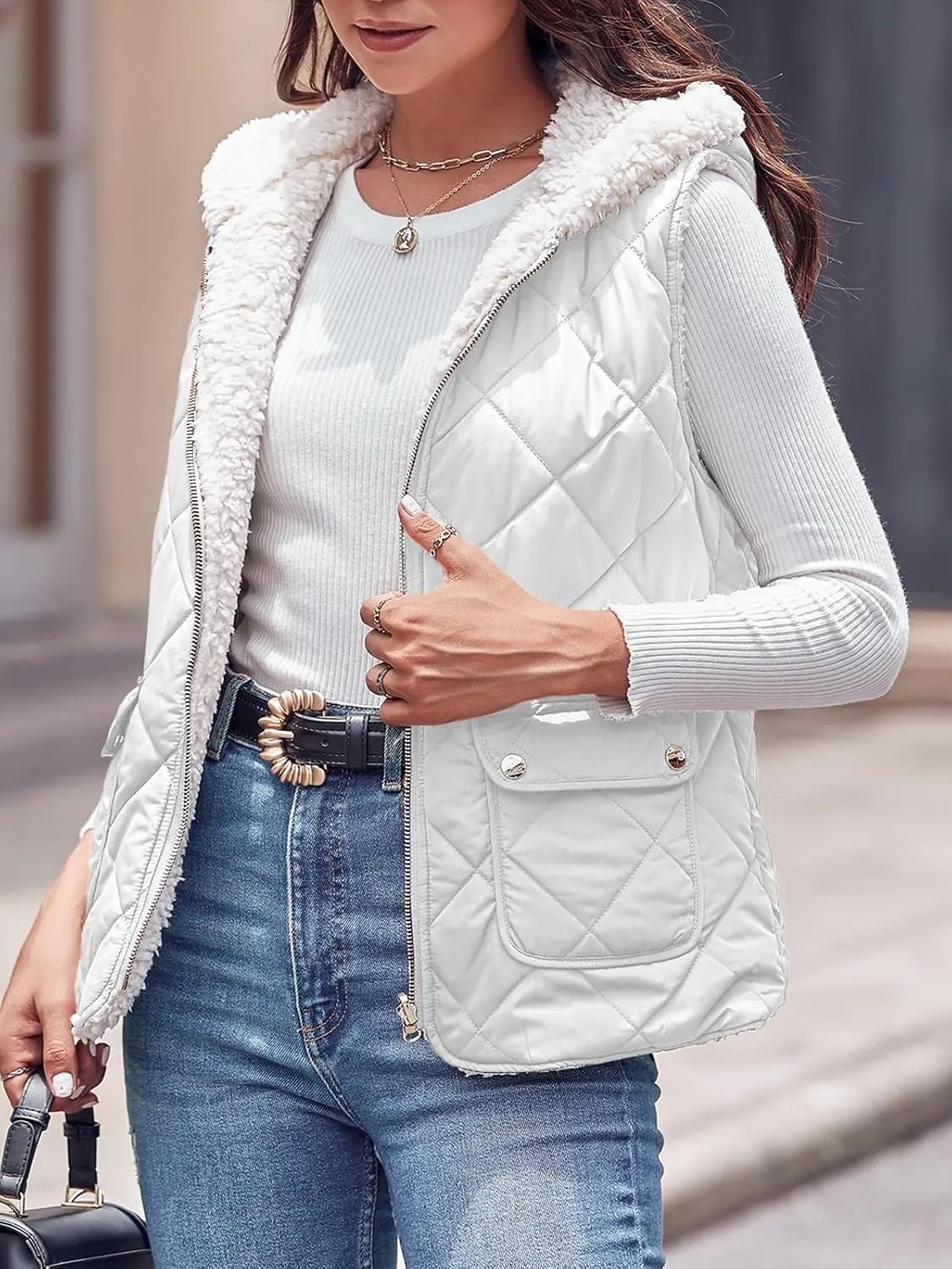 Valphsio Women's Reversible Sherpa Vest Quilted Zip Fleece Padded Gilet with Pockets