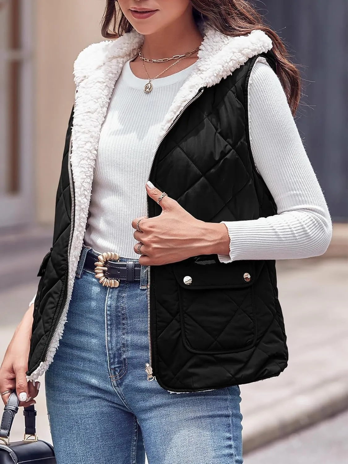 Valphsio Women's Reversible Sherpa Vest Quilted Zip Fleece Padded Gilet with Pockets