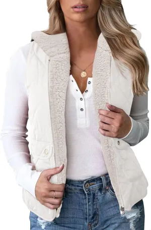 Valphsio Women's Reversible Sherpa Vest Quilted Zip Fleece Padded Gilet with Pockets