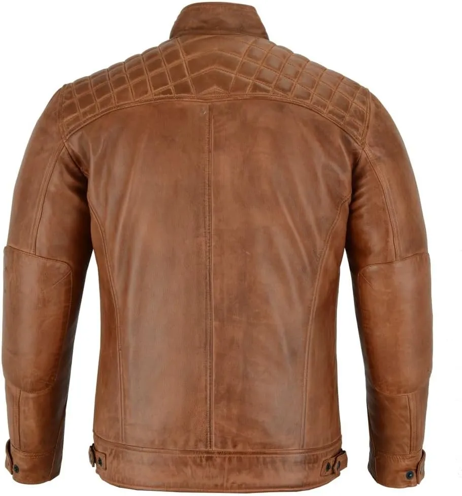 Vance Leather' Men's Cafe Racer Waxed Lambskin Austin Brown Motorcycle Leather Jacket