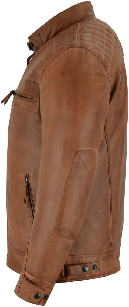 Vance Leather' Men's Cafe Racer Waxed Lambskin Austin Brown Motorcycle Leather Jacket