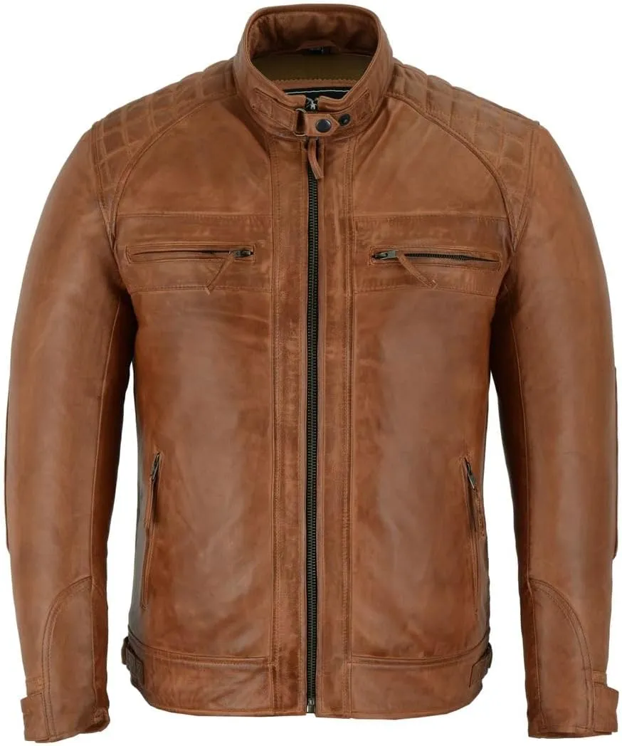 Vance Leather' Men's Cafe Racer Waxed Lambskin Austin Brown Motorcycle Leather Jacket