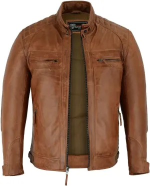 Vance Leather' Men's Cafe Racer Waxed Lambskin Austin Brown Motorcycle Leather Jacket