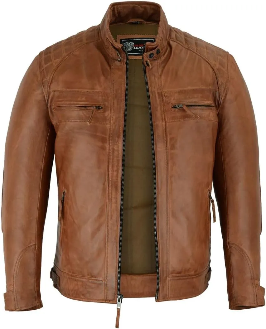 Vance Leather' Men's Cafe Racer Waxed Lambskin Austin Brown Motorcycle Leather Jacket