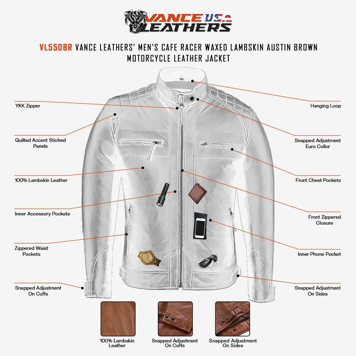 Vance Leather' Men's Cafe Racer Waxed Lambskin Austin Brown Motorcycle Leather Jacket