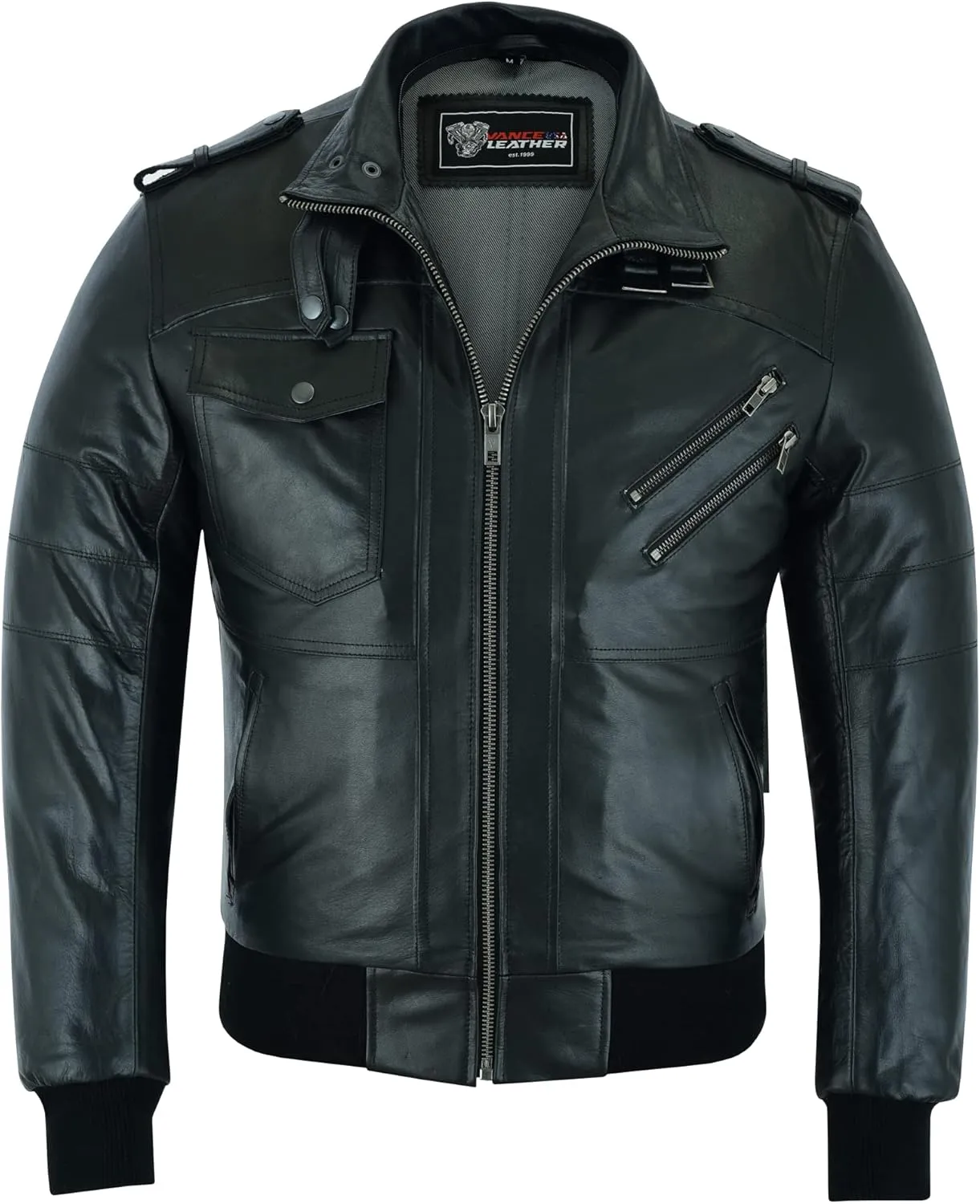 Vance Leather' Men's Sven Bomber Black Waxed Premium Cowhide Motorcycle Leather Jacket with Removeable Hood