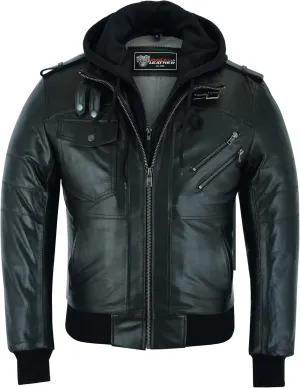 Vance Leather' Men's Sven Bomber Black Waxed Premium Cowhide Motorcycle Leather Jacket with Removeable Hood