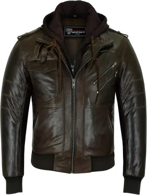 Vance Leather' Men's Sven Bomber Black Waxed Premium Cowhide Motorcycle Leather Jacket with Removeable Hood