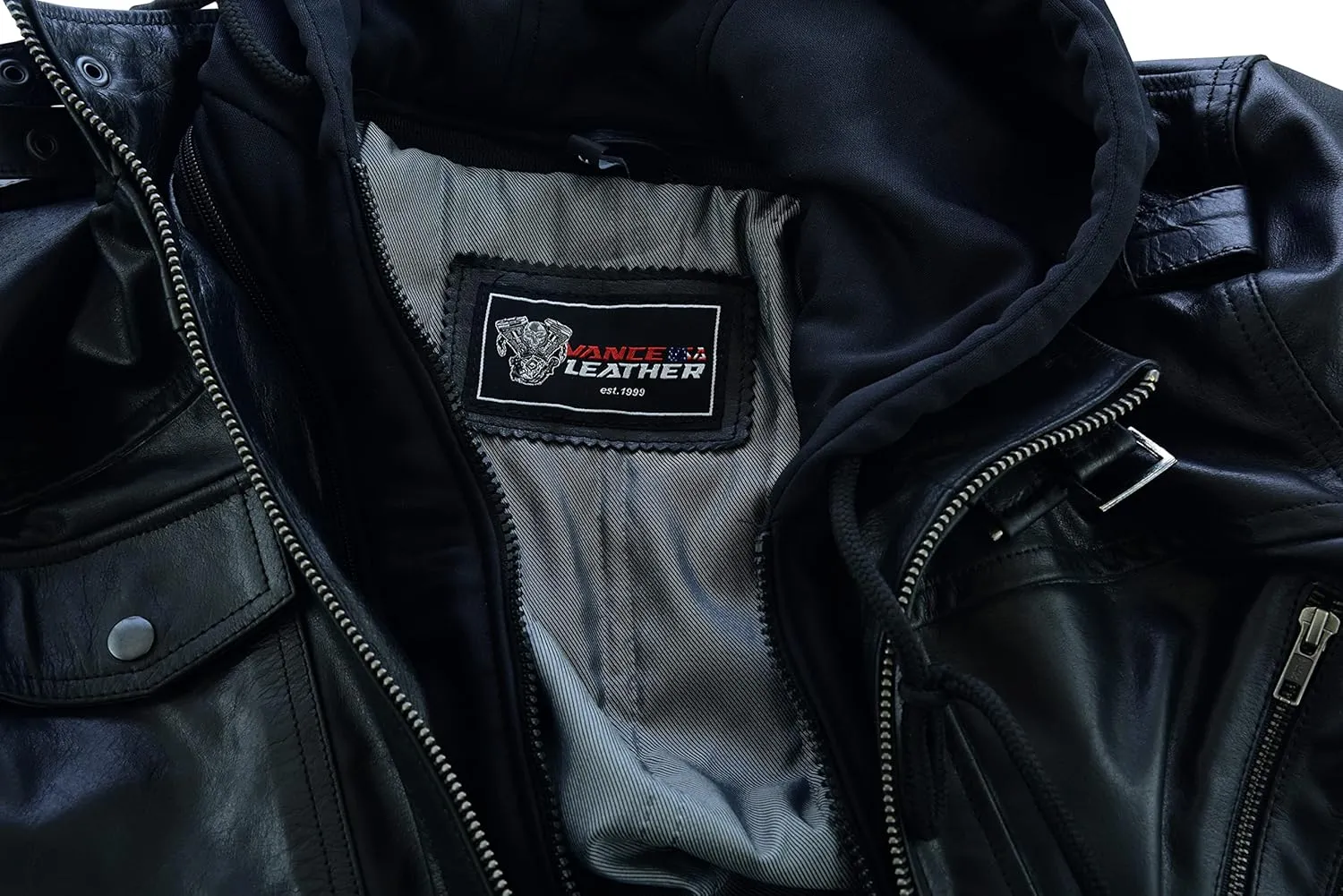 Vance Leather' Men's Sven Bomber Black Waxed Premium Cowhide Motorcycle Leather Jacket with Removeable Hood
