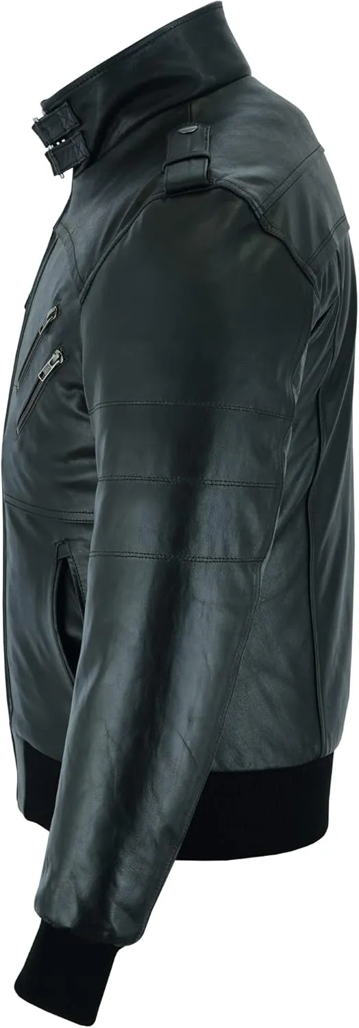 Vance Leather' Men's Sven Bomber Black Waxed Premium Cowhide Motorcycle Leather Jacket with Removeable Hood