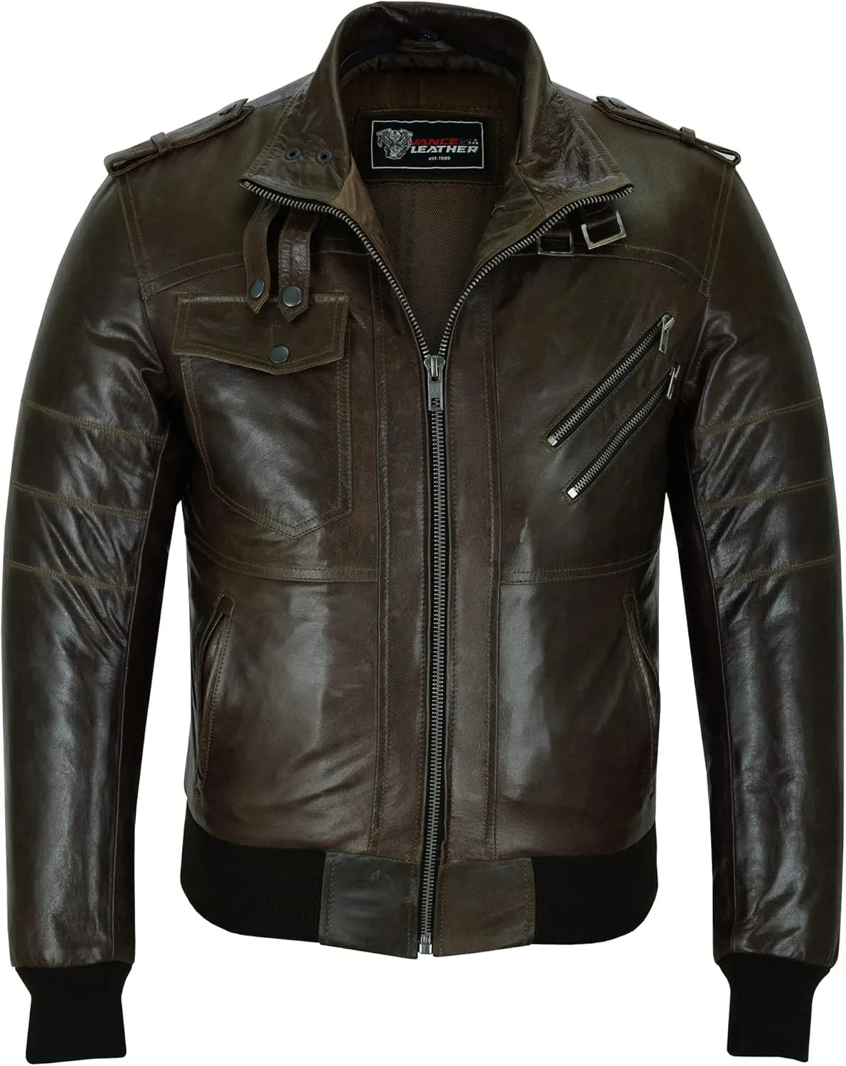 Vance Leather' Men's Sven Bomber Black Waxed Premium Cowhide Motorcycle Leather Jacket with Removeable Hood