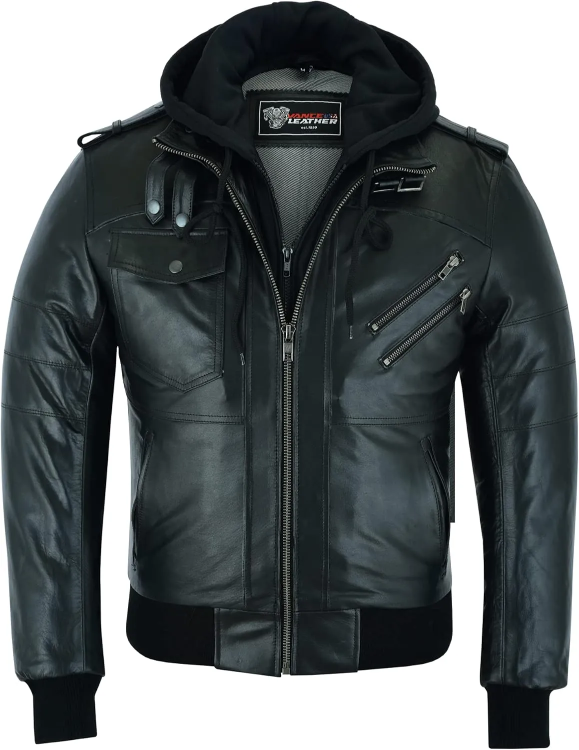 Vance Leather' Men's Sven Bomber Black Waxed Premium Cowhide Motorcycle Leather Jacket with Removeable Hood
