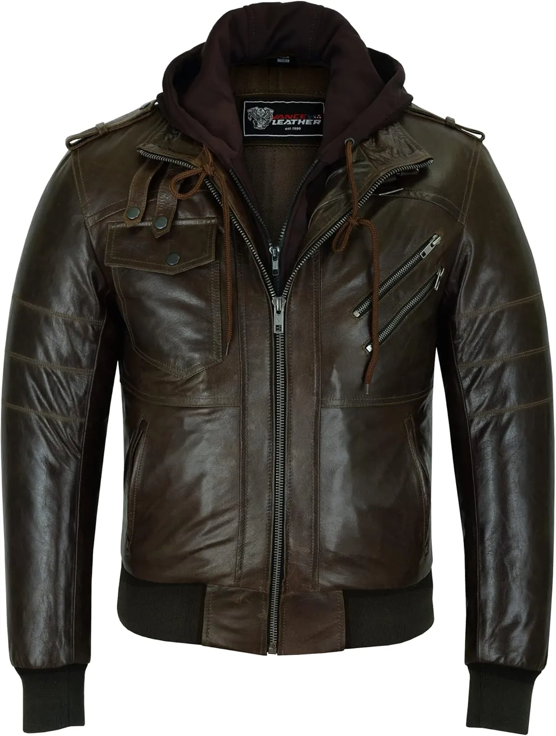 Vance Leather' Men's Sven Bomber Black Waxed Premium Cowhide Motorcycle Leather Jacket with Removeable Hood