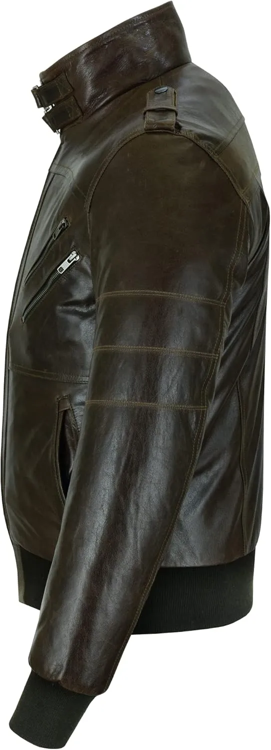Vance Leather' Men's Sven Bomber Black Waxed Premium Cowhide Motorcycle Leather Jacket with Removeable Hood