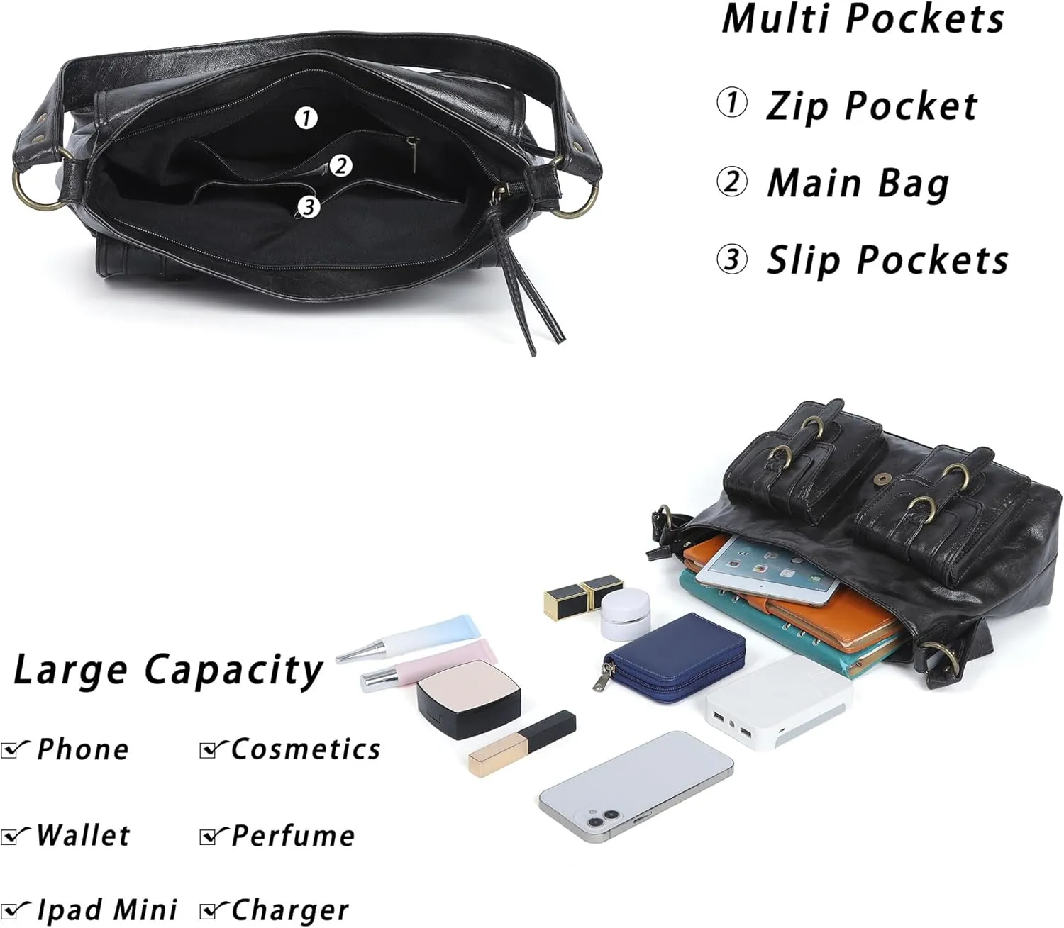 Vegan Leather Hobo Bag for Women | Stylish Crossbody Tote Satchel Handbag(Black 2)