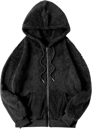 Verdusa Women's Oversized Fuzzy Faux Fur Jacket Outerwear Zip Up Hoodie Teddy Coat with Pockets