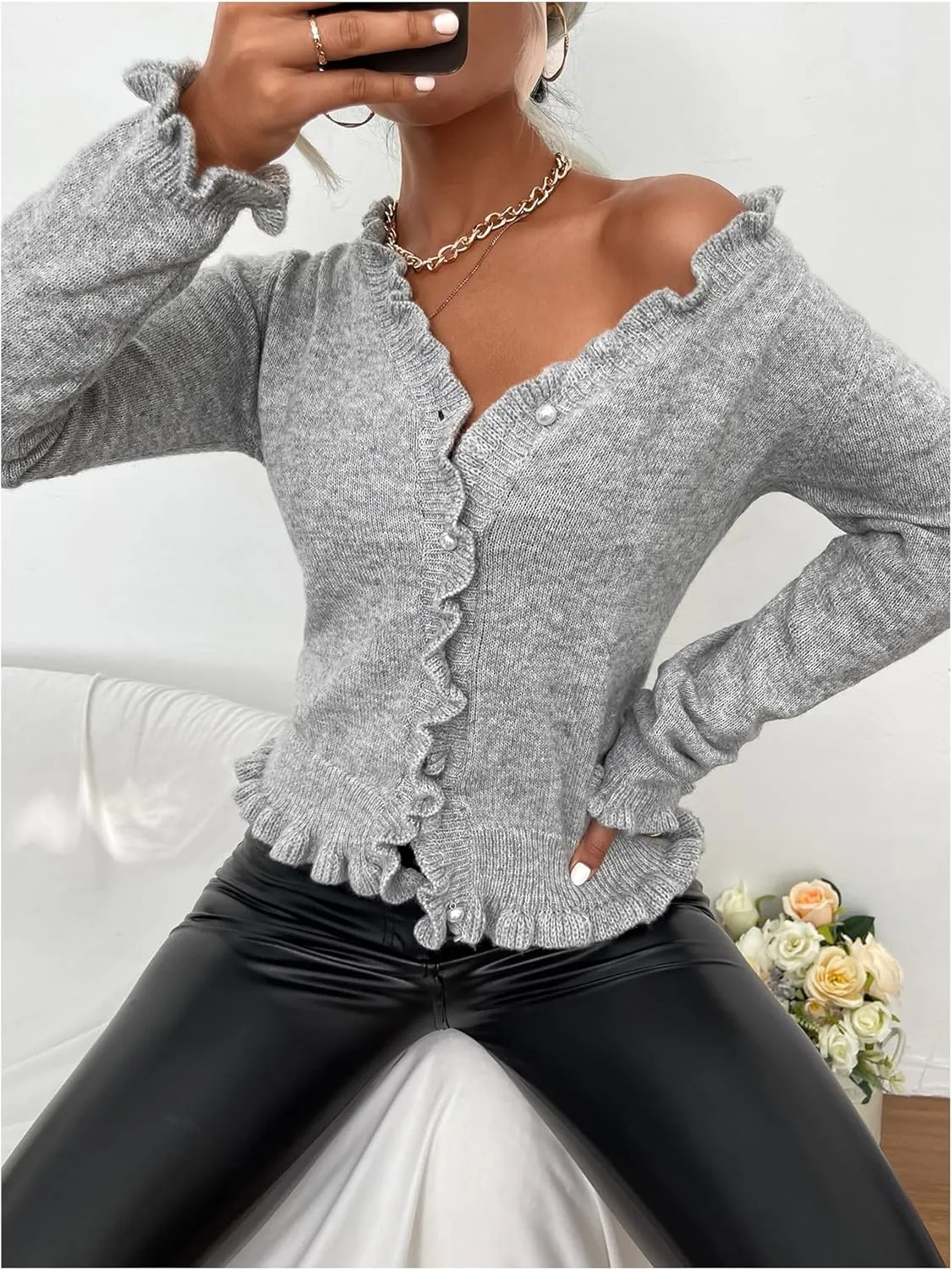 Verdusa Women's Ruffle Trim V Neck Button Down Long Sleeve Knit Cardigan Sweater