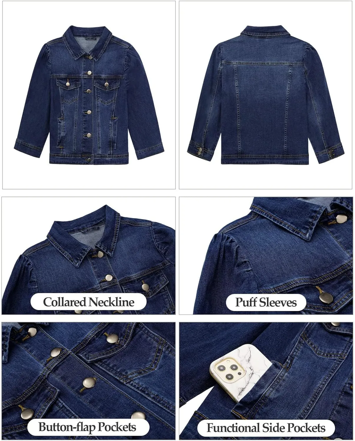 Vetinee Womens Jean Jacket Cropped Denim Jackets Stretchy 3/4 Puff Sleeve Distressed Shacket with Pockets