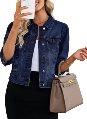 Vetinee Womens Jean Jacket Cropped Denim Jackets Stretchy 3/4 Puff Sleeve Distressed Shacket with Pockets