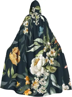 Watercolor Floral Green Leaves Branches Stylish Adults Hooded Cloak Cape for Halloween Cosplay Costumes