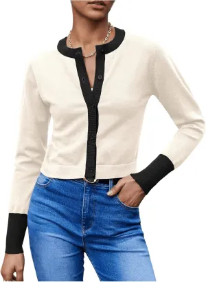 WDIRARA Women's Button Front Crop Cardigan Sweaters Long Sleeve Contrast Trim Knit Cardigan Tops