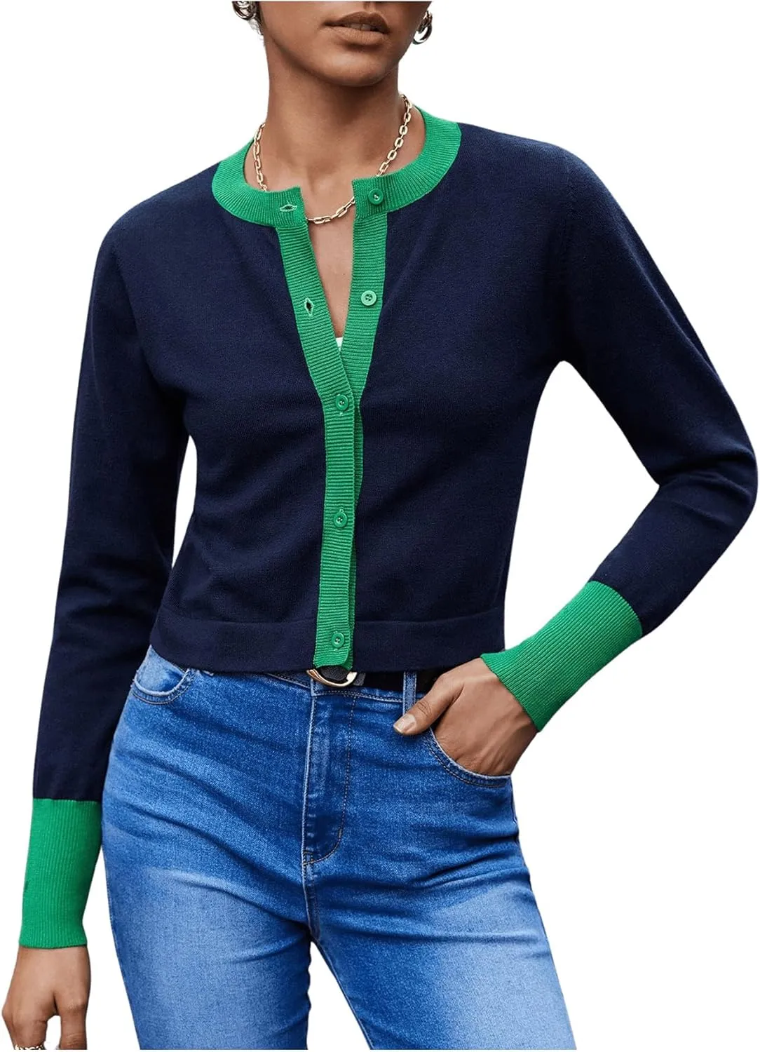 WDIRARA Women's Button Front Crop Cardigan Sweaters Long Sleeve Contrast Trim Knit Cardigan Tops