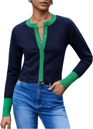 WDIRARA Women's Button Front Crop Cardigan Sweaters Long Sleeve Contrast Trim Knit Cardigan Tops