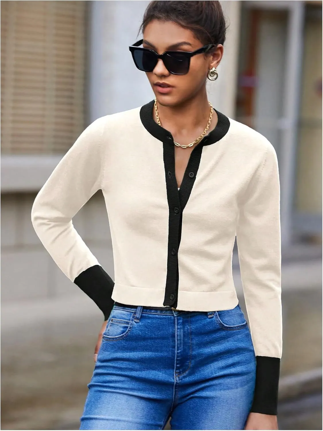 WDIRARA Women's Button Front Crop Cardigan Sweaters Long Sleeve Contrast Trim Knit Cardigan Tops