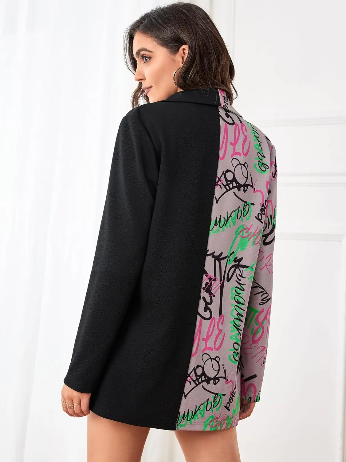 WDIRARA Women's Colorblock Graffiti Double Button Blazer Drop Shoulder Long Sleeve Casual Coat Outerwear Blazer