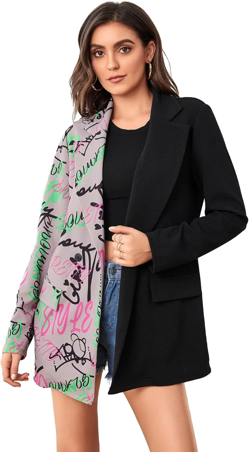 WDIRARA Women's Colorblock Graffiti Double Button Blazer Drop Shoulder Long Sleeve Casual Coat Outerwear Blazer