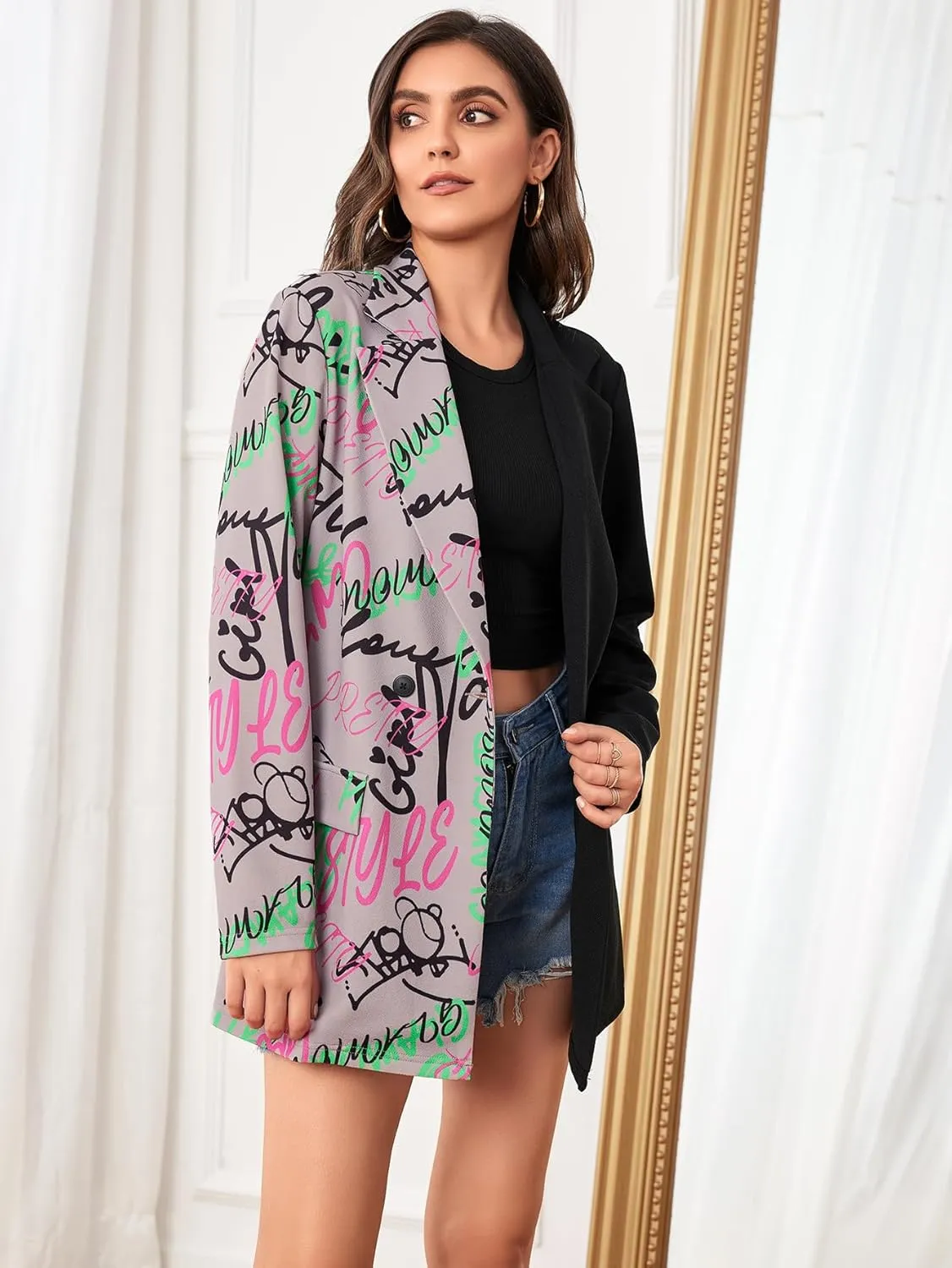 WDIRARA Women's Colorblock Graffiti Double Button Blazer Drop Shoulder Long Sleeve Casual Coat Outerwear Blazer