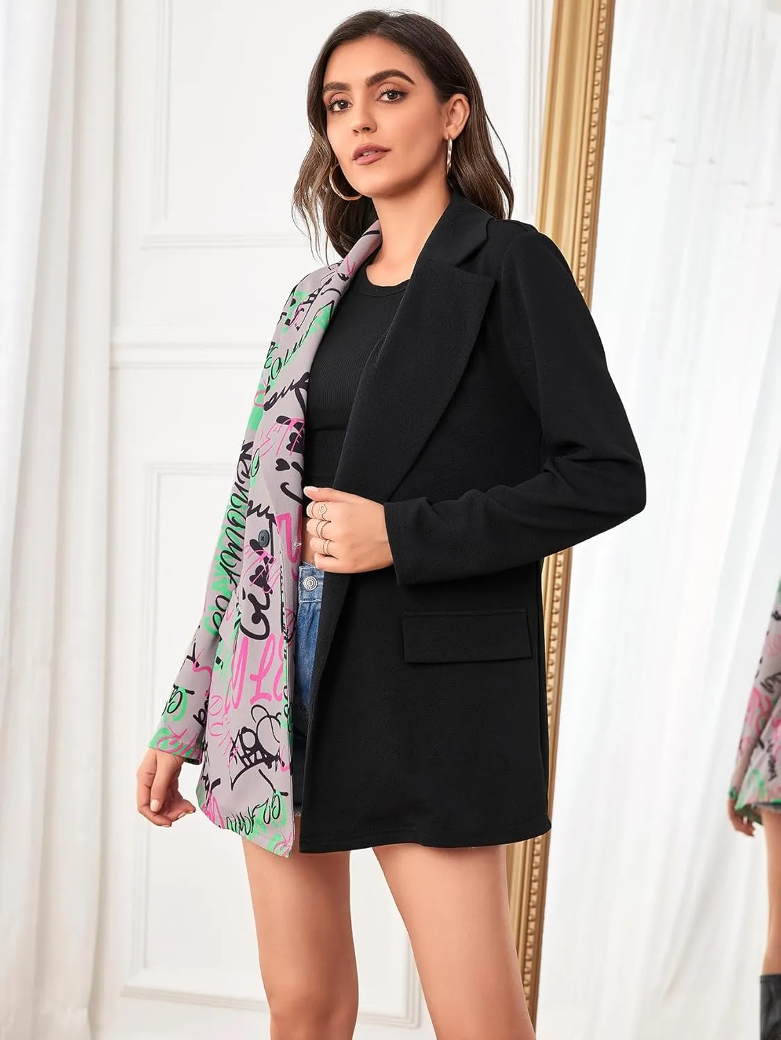 WDIRARA Women's Colorblock Graffiti Double Button Blazer Drop Shoulder Long Sleeve Casual Coat Outerwear Blazer