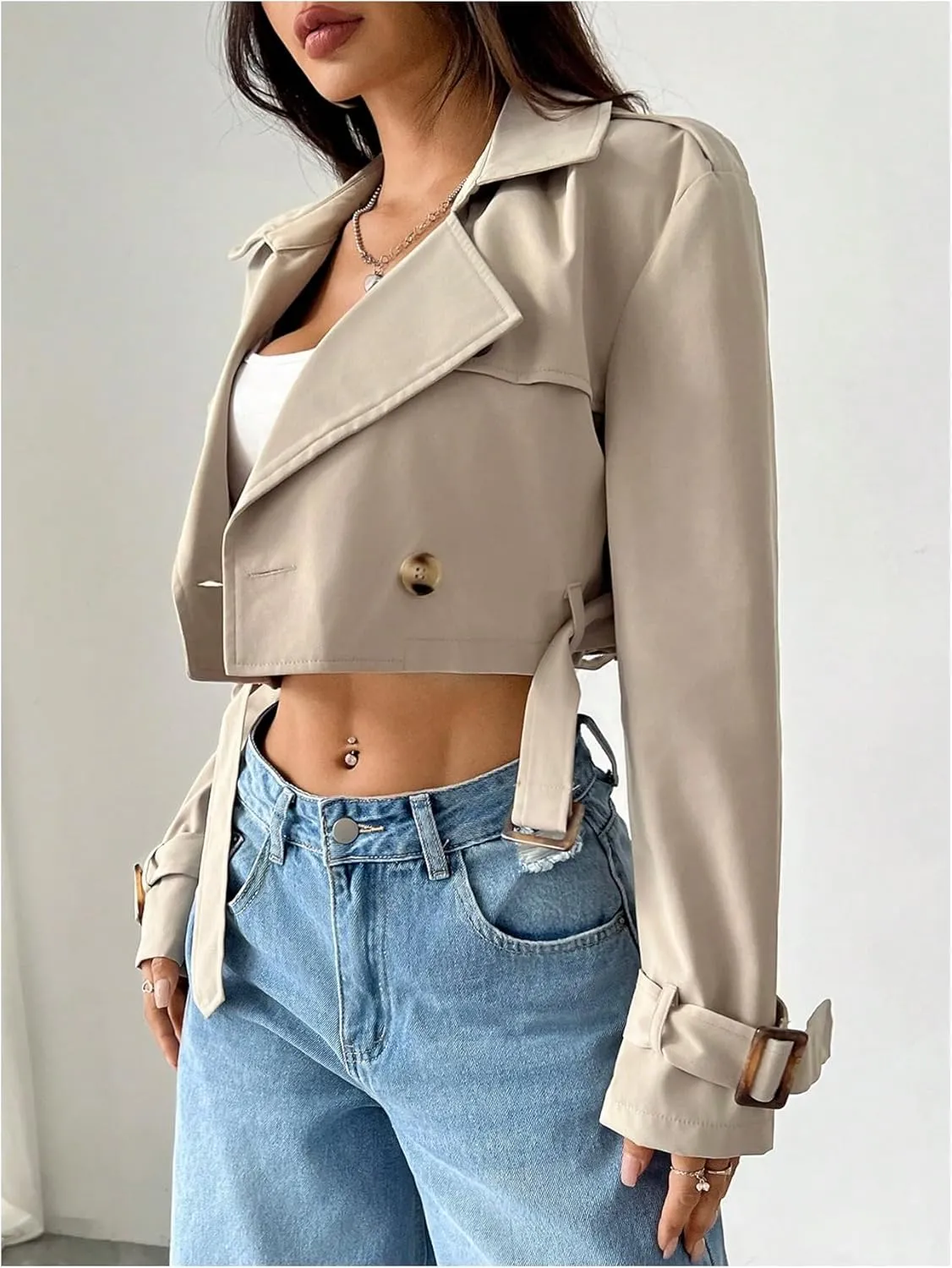 WDIRARA Women's Long Sleeve Cropped Trench Coat Lapel Collar Belted Jacket Lightweight Outerwear