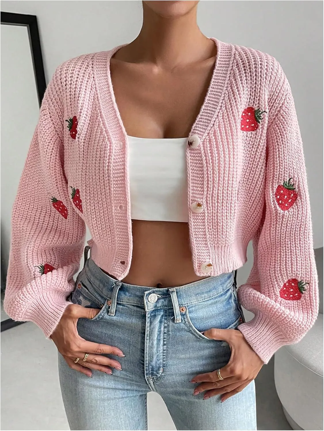 WDIRARA Women's Strawberry Embroidery Crop Cardigan Drop Shoulder Button Up Sweater Tops V Neck Outerwear