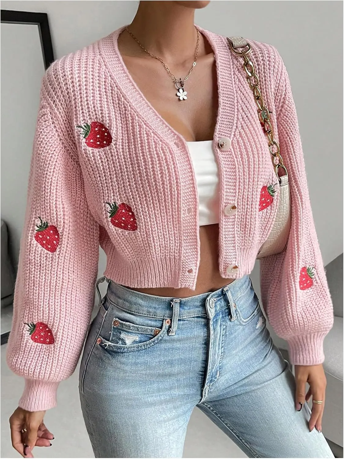 WDIRARA Women's Strawberry Embroidery Crop Cardigan Drop Shoulder Button Up Sweater Tops V Neck Outerwear