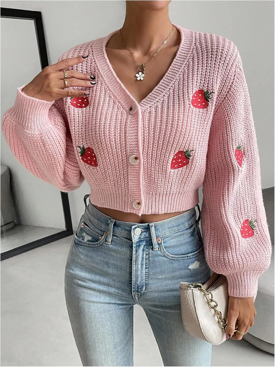 WDIRARA Women's Strawberry Embroidery Crop Cardigan Drop Shoulder Button Up Sweater Tops V Neck Outerwear
